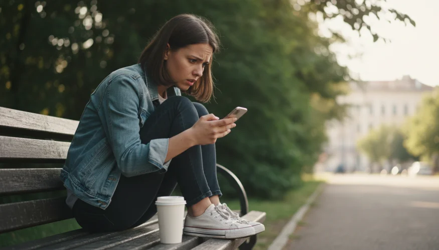 Úzkostná žena sedí sama na lavičce v parku a dívá se na telefon