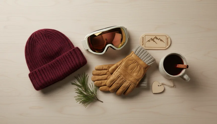 Flat-lay of après-ski accessories: lyžařské brýle, rukavice, hrnek svařáku a skipas na dřevěném povrchu