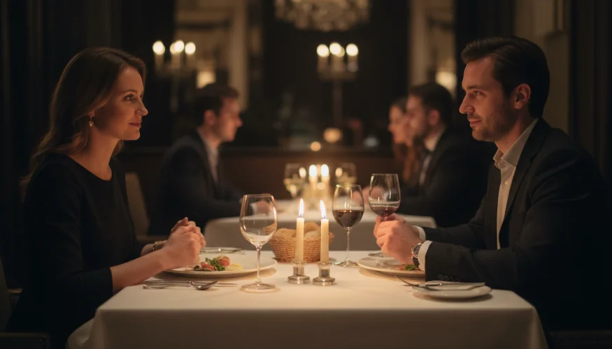 Muž a žena sedí naproti sobě u stolu v restauraci, jejich výrazy naznačují nečekané setkání