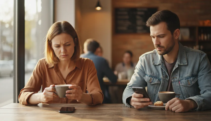 Žena a muž sedí v kavárně, každý hledí na svůj telefon s nejistým výrazem