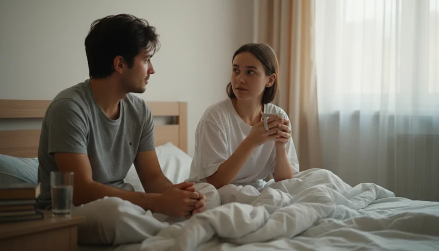 Pár sdílí intimní chvíli bez masek v ranním světle ložnice