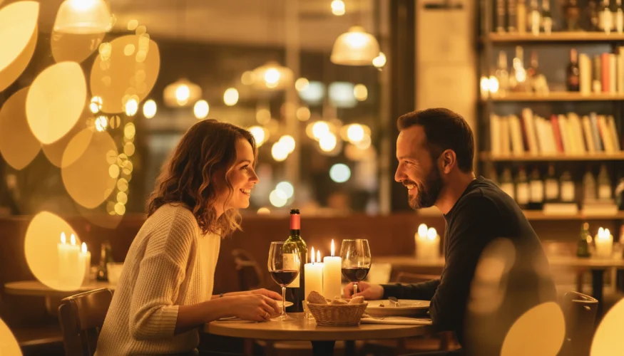 Pár na rande při večeři v útulné restauraci
