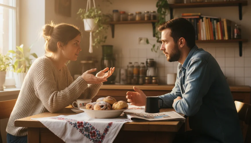 Pár u stolu v rozhovoru o rodinných tradicích a hodnotách