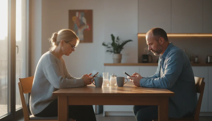 Pár sedící u stolu, každý pohroužený do svého telefonu