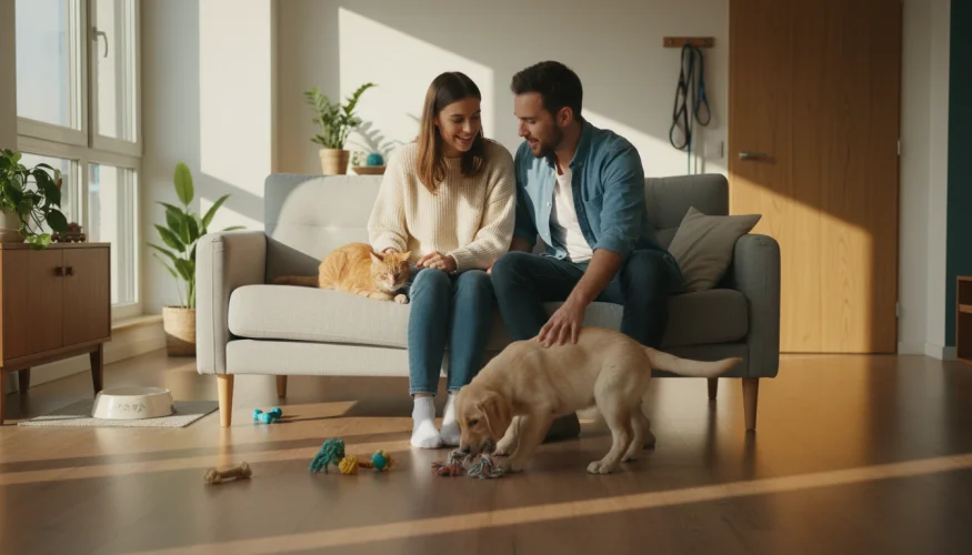 Pár na gauči se psem a kočkou v domácnosti