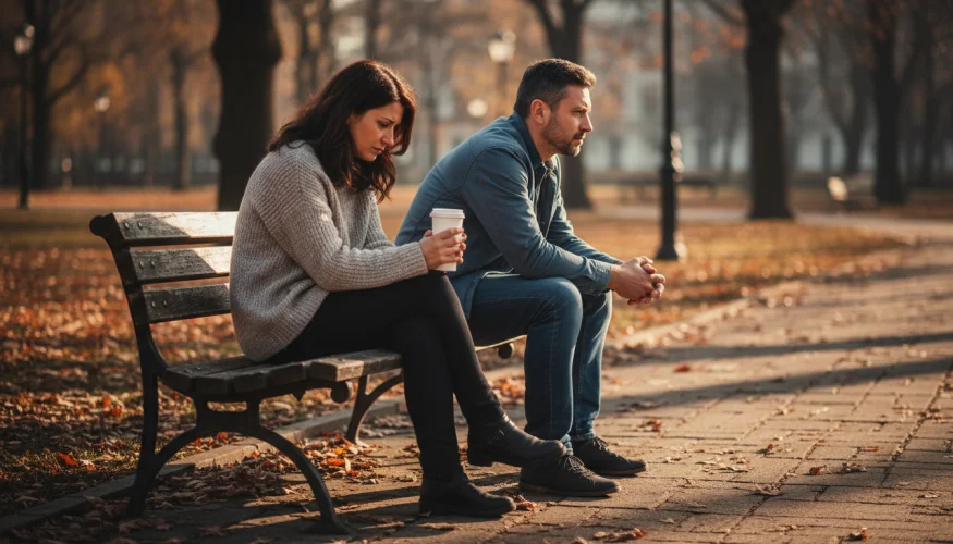 Pár sedící odděleně na lavičce v parku s viditelným emočním odstupem