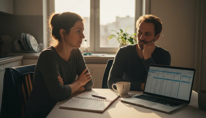 Pár u kuchyňského stolu řeší finanční rozdíly mezi podnikáním a zaměstnáním