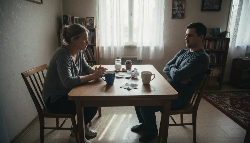 Partneři vedou vážný rozhovor u kuchyňského stolu