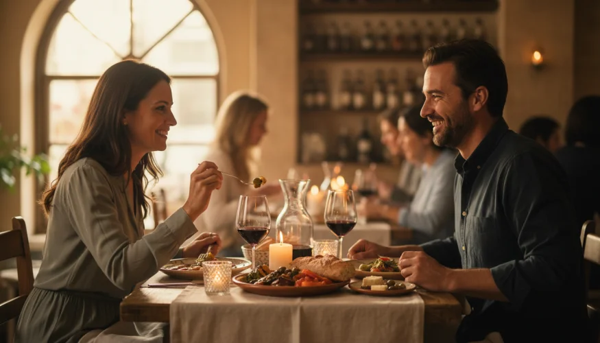 Pár sdílí jídlo při svíčkách v restauraci