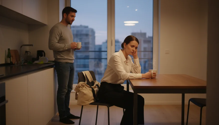 Unavená žena v pracovním oblečení sedí v kuchyni, partner ji pozoruje s pochopením