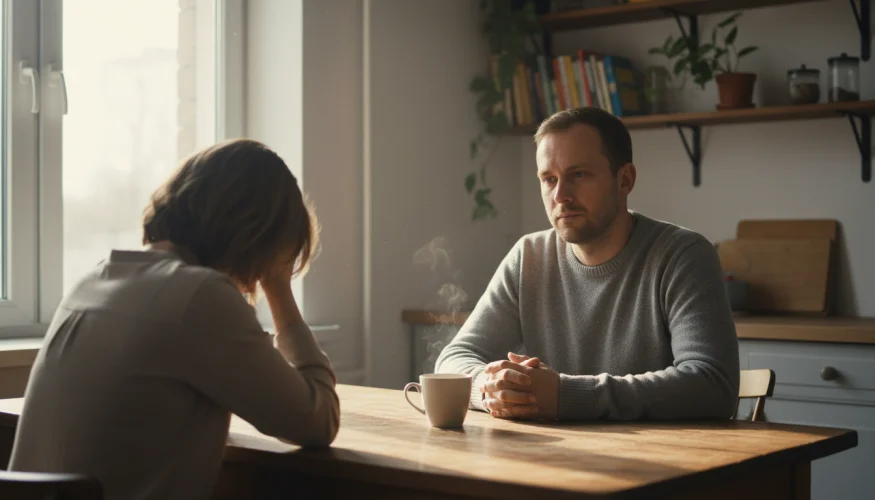 Muž sedí klidně u stolu naproti ženě v tísni, mezi nimi patrná emoční vzdálenost