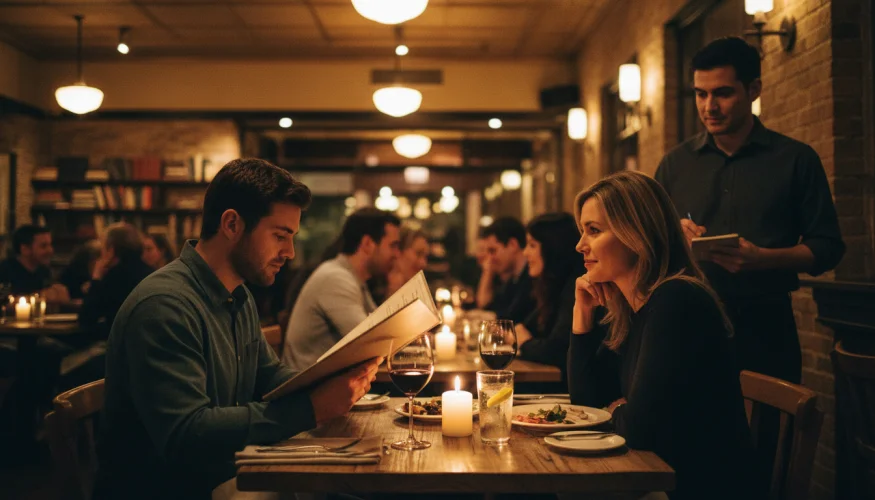 Muž a žena na prvním rande v restauraci, muž čte jídelní lístek, žena ho pozoruje