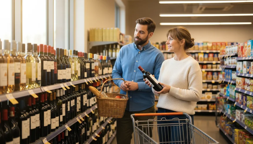 Dva lidé přirozeně konverzují u regálu s vínem v supermarketu