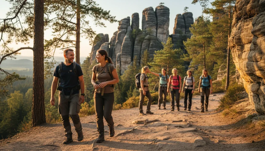 Skupina lidí na společném turistickém výletu v Českém ráji