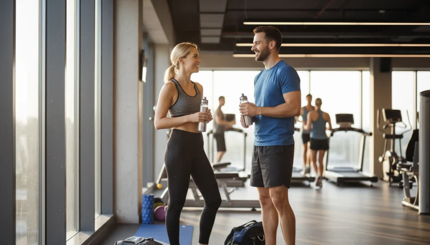 Muž a žena se přirozeně baví ve fitcentru u strečinkové plochy