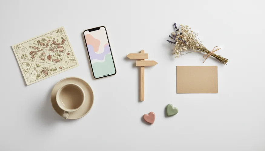 Flat-lay s mapou vesnice, smartphonem, kávovm šálkem a srdíčky symbolizující seznamování na maloměstě
