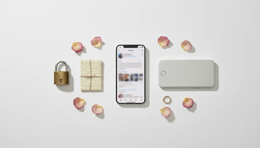 Flat-lay kompozice s dvěma smartphony, zámkem a sušenými květy symbolizující skryté digitální chování ve vztahu