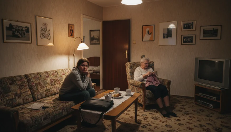 Žena ve středním věku sedí se svou matkou v sdíleném obývacím pokoji bytu