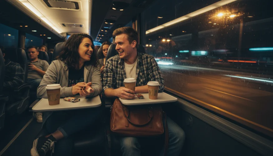 Muž a žena se baví v nočním dálkovém autobusu