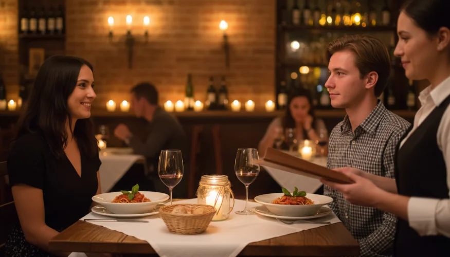 Muž na rande zdvořile komunikuje s číšnicí v italské restauraci