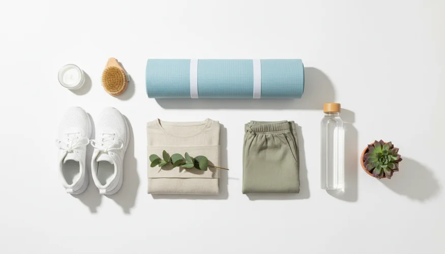 Flatlay s pomůckami pro péči o sebe: jógová podložka, běžecké boty, krém, kartáč, lahev na vodu a sukulentní rostlina