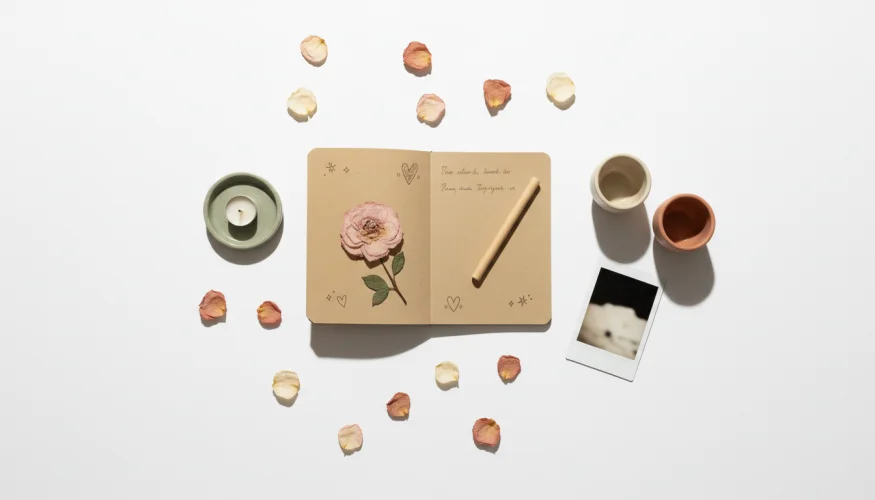 Flat-lay s zápisníkem, polaroidem, šálky kávy a sušenými květinami symbolizující malé vztahové milníky