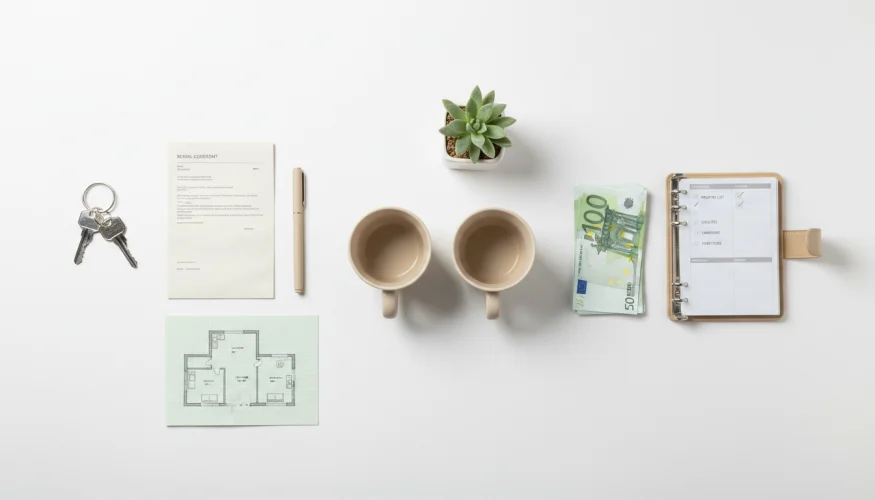 Flat-lay s klíči, nájemní smlouvou, plánkem bytu a dalšími praktickými věcmi symbolizujícími přípravu na společné bydlení