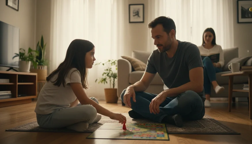 Muž a dívka hrají společenskou hru na podlaze obývacího pokoje, budují vzájemnou důvěru