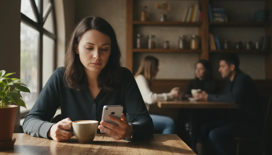 Mladá žena v kavárně zamyšleně hledí na displej telefonu s otevřenou konverzací
