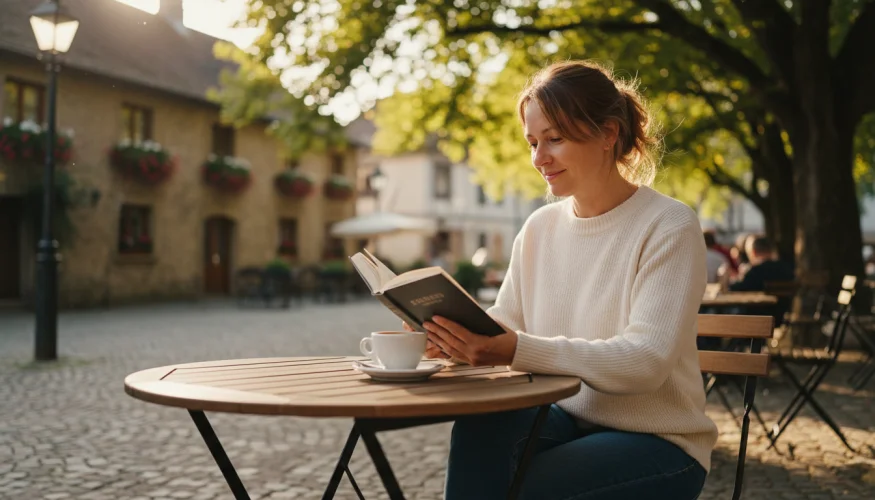 Žena sedí sama v kavárně a čte knihu, spokojená ve vlastním prostoru