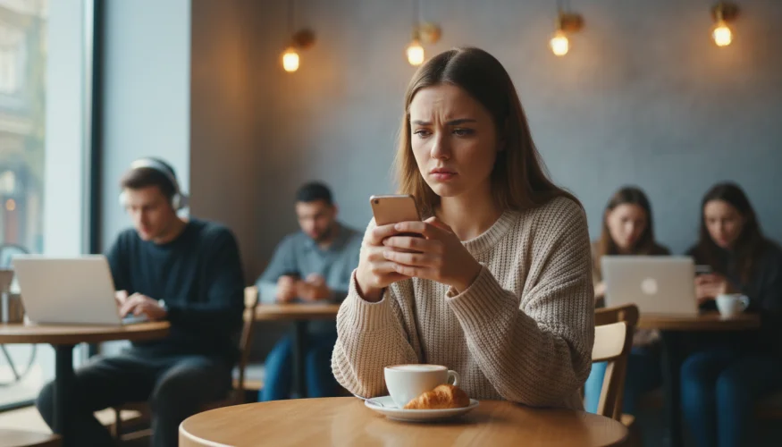 Žena sedí sama v kavárně a zamyšleně hledí do telefonu