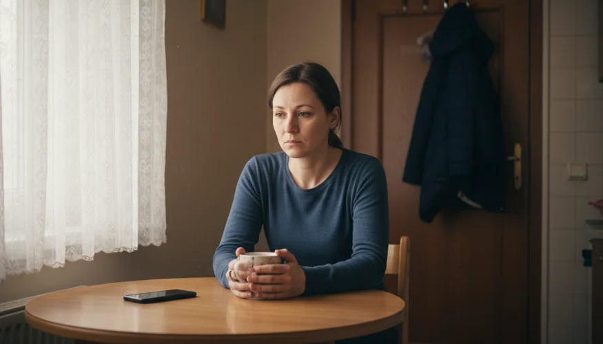 Žena sedí sama u kuchyňského stolu s pohledem zahleděným do prázdna