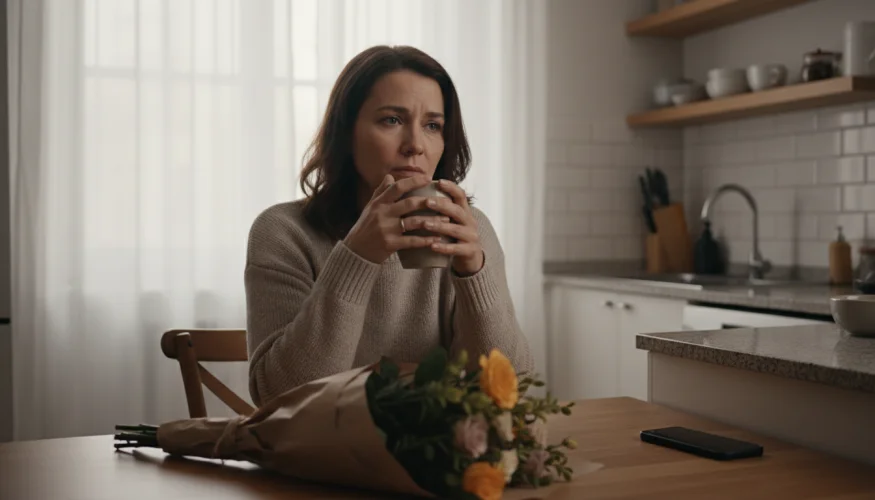 Žena sedí sama u kuchyňského stolu s kyticí před sebou a zamyšleným pohledem