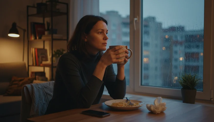 Žena sedí sama u kuchyňského stolu a dívá se zamyšleně z okna