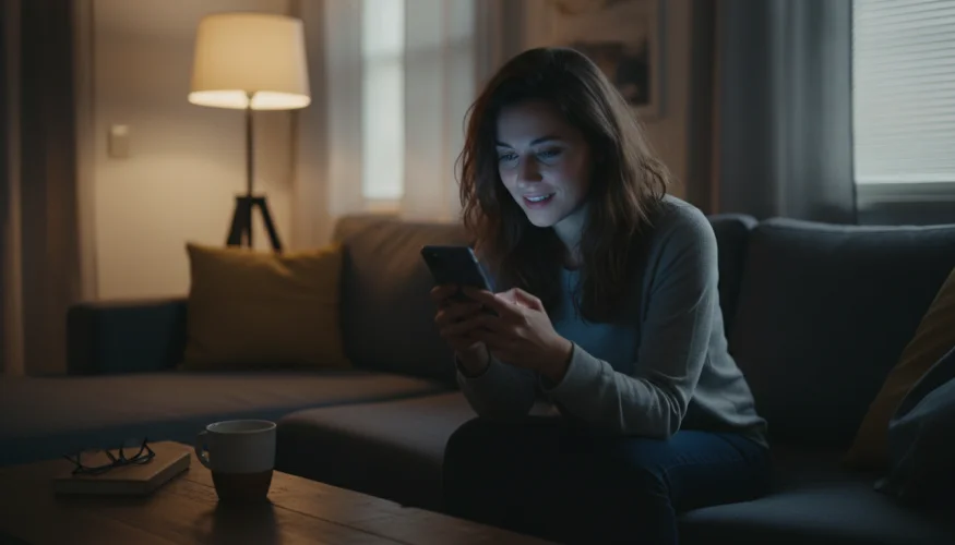Mladá žena sama doma sleduje obsah na smartphonu s emotivním výrazem