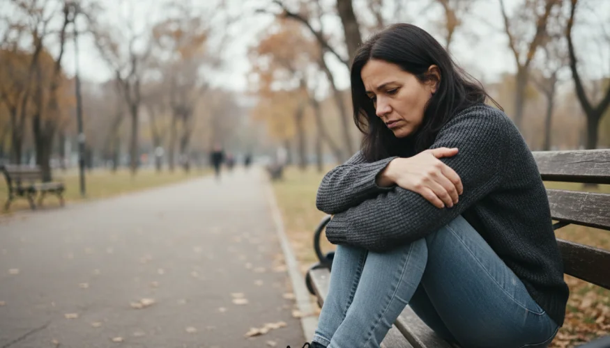 Žena sedící sama na lavičce v parku s výrazem vnitřního napětí a izolace