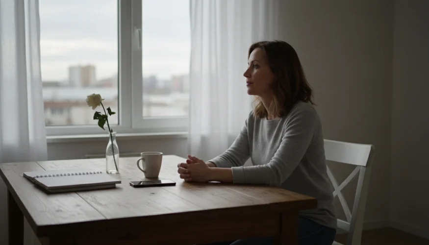 Žena sedí sama u stolu a zamyšleně hledí z okna