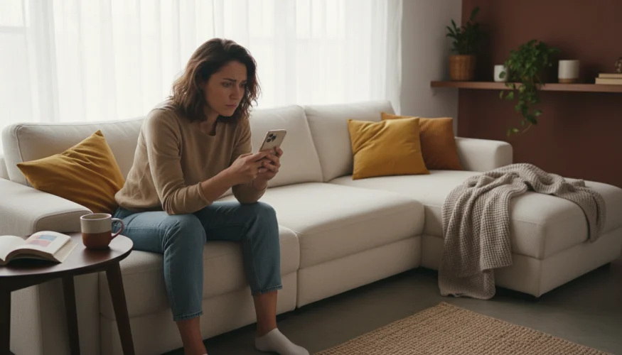 Žena sedí sama na pohovce a úzkostně zírá do obrazovky telefonu