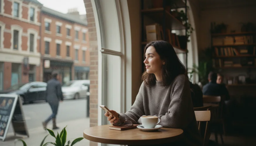 Mladá žena v kavárně zamyšleně hledí z okna se smartphonem v ruce