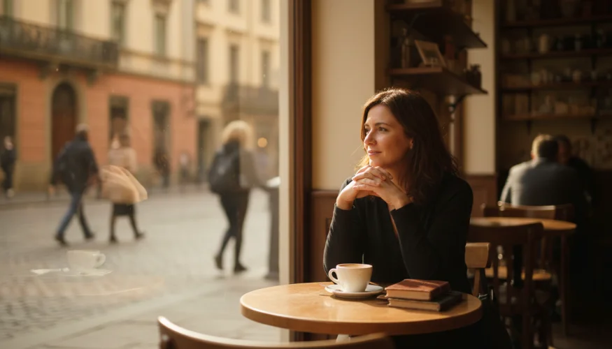 Zamyšlená žena sedí u okna v kavárně a hledí ven