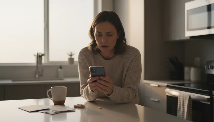 Žena v kuchyni kontroluje partnerův telefon
