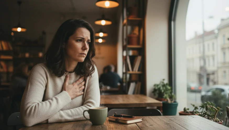 Zamyšlená žena sedí u okna v kavárně a hledí do dálky