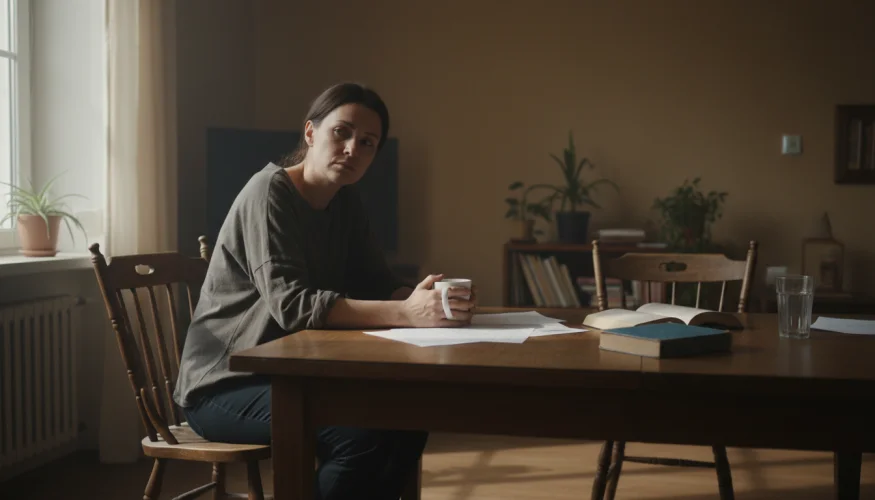 Vyčerpaná žena sedí sama u kuchyňského stolu s prázdnou židlí naproti