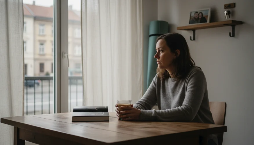 Žena sedí zamyšleně u stolu s opuštěnými koníčky v pozadí