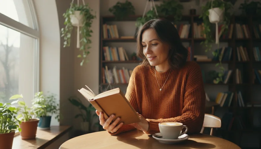 Žena si sama čte v kavárně a působí spokojeně a sebevědomě
