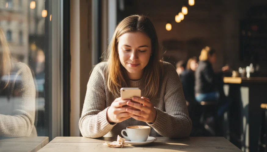 Žena v kavárně čte zprávy na telefonu s jemným úsměvem