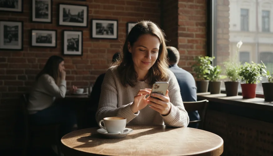 Žena v kavárně se usmívá nad profilem na seznamce na svém smartphonu