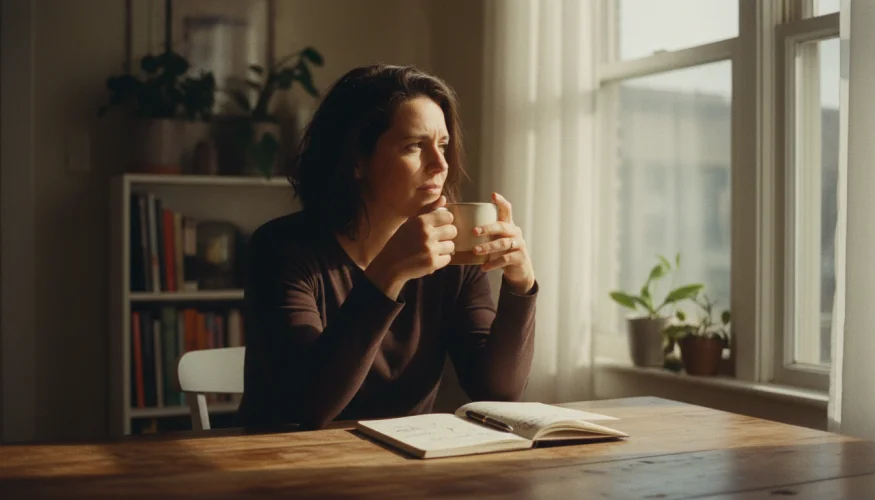 Žena sedí zamyšleně u stolu s notesbookem a šálkem kávy