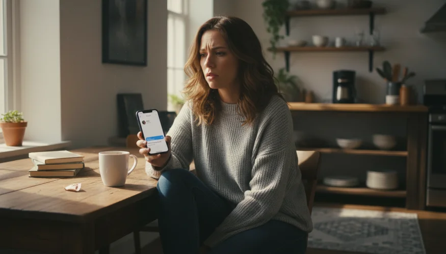 Žena sedí u stolu a čeká na odpověď na přečtenou zprávu v telefonu