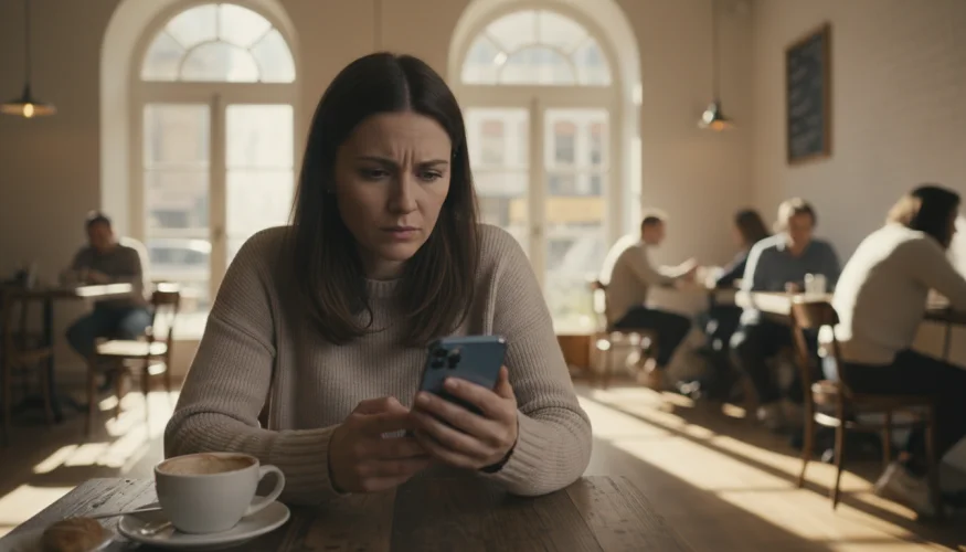 Žena sedí sama v kavárně a nejistě hledí na displej svého telefonu